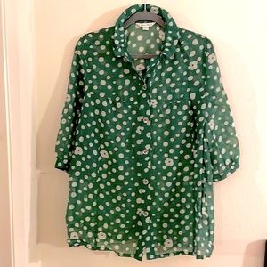 VINTAGE green and white puff-sleeve blouse, size M-L (no US sizing)
